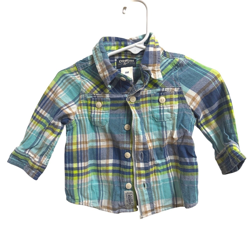 OshKosh B'gosh Plaid Flannel Blue Green Button Down Long Sleeve Shirt 9M